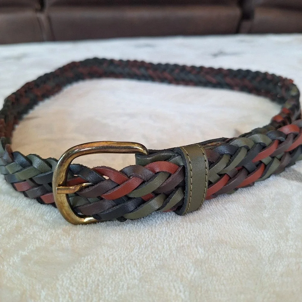 Genuine Leather Braided Belt Womens Med Navy Multicolor Woven Made In Argentina